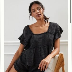 💘 Anthropologie Daily Practice Gauzy Ruffled Top Blouse Shirt Women Size Medium